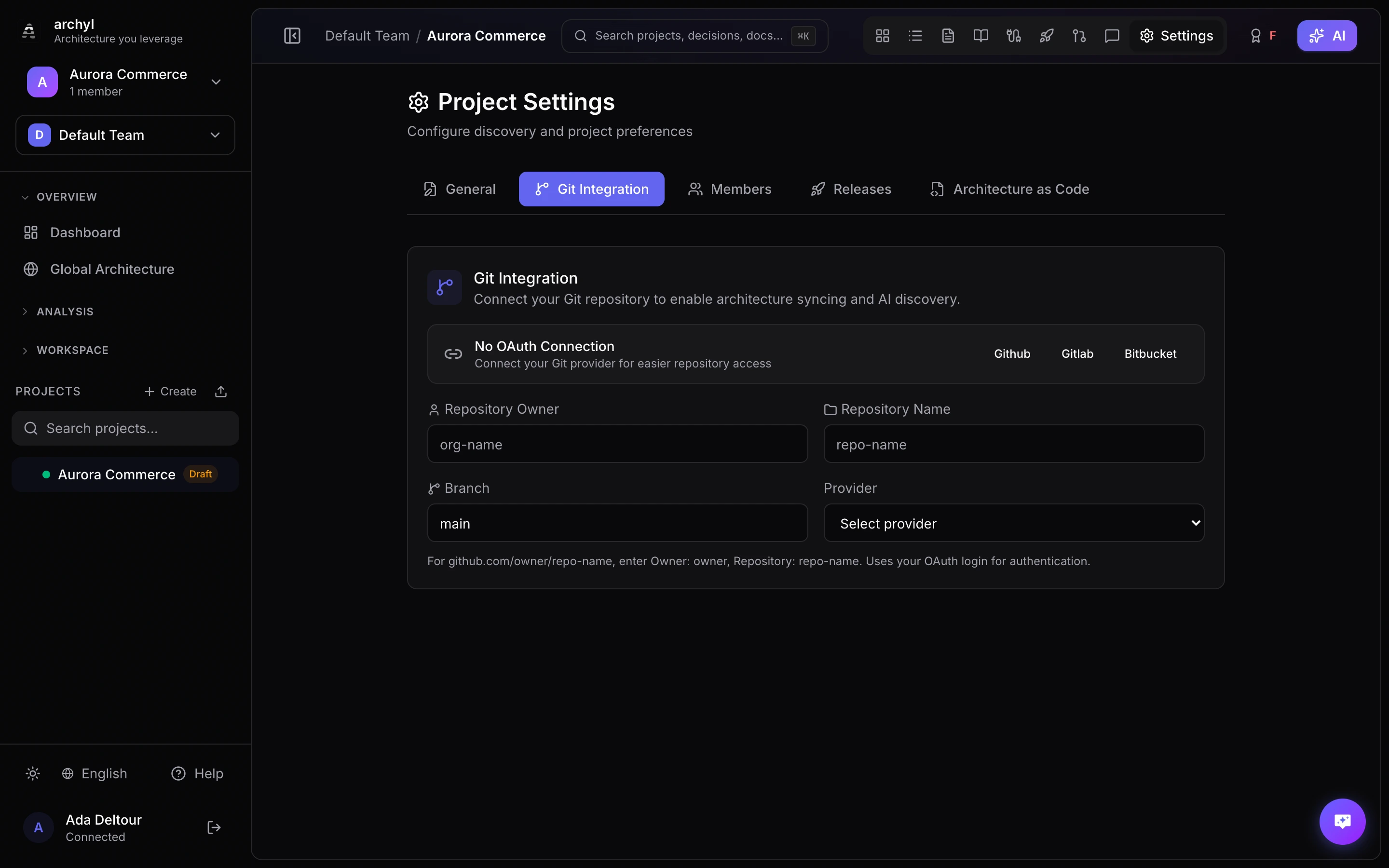 Connect a repository from the project settings to enable AI discovery