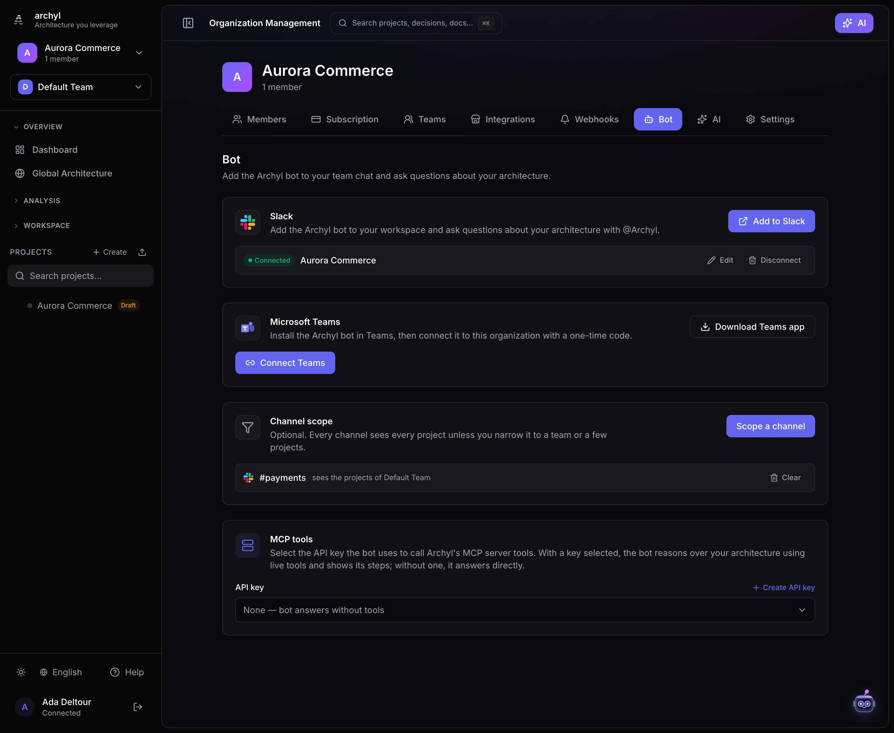 Organization Bot tab: Slack connected, Teams, channel scope with #payments scoped to a team, and MCP tools