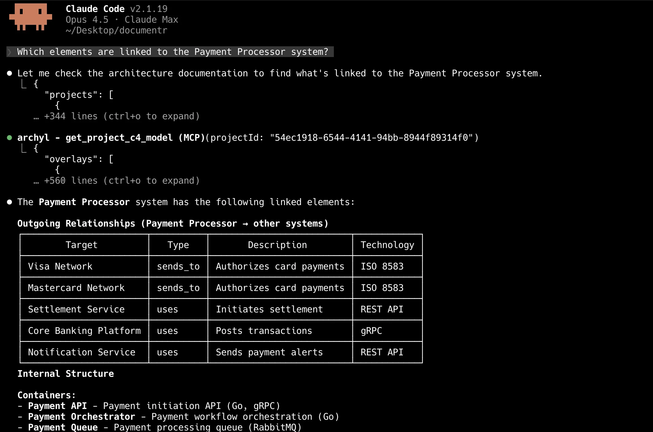 Claude Code interrogeant l'architecture via MCP